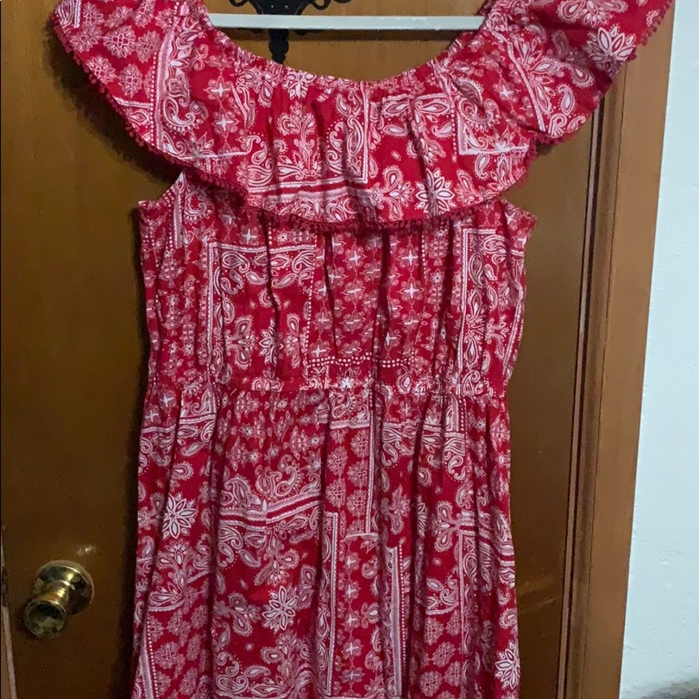 New peasant style dress red &white bandanna print